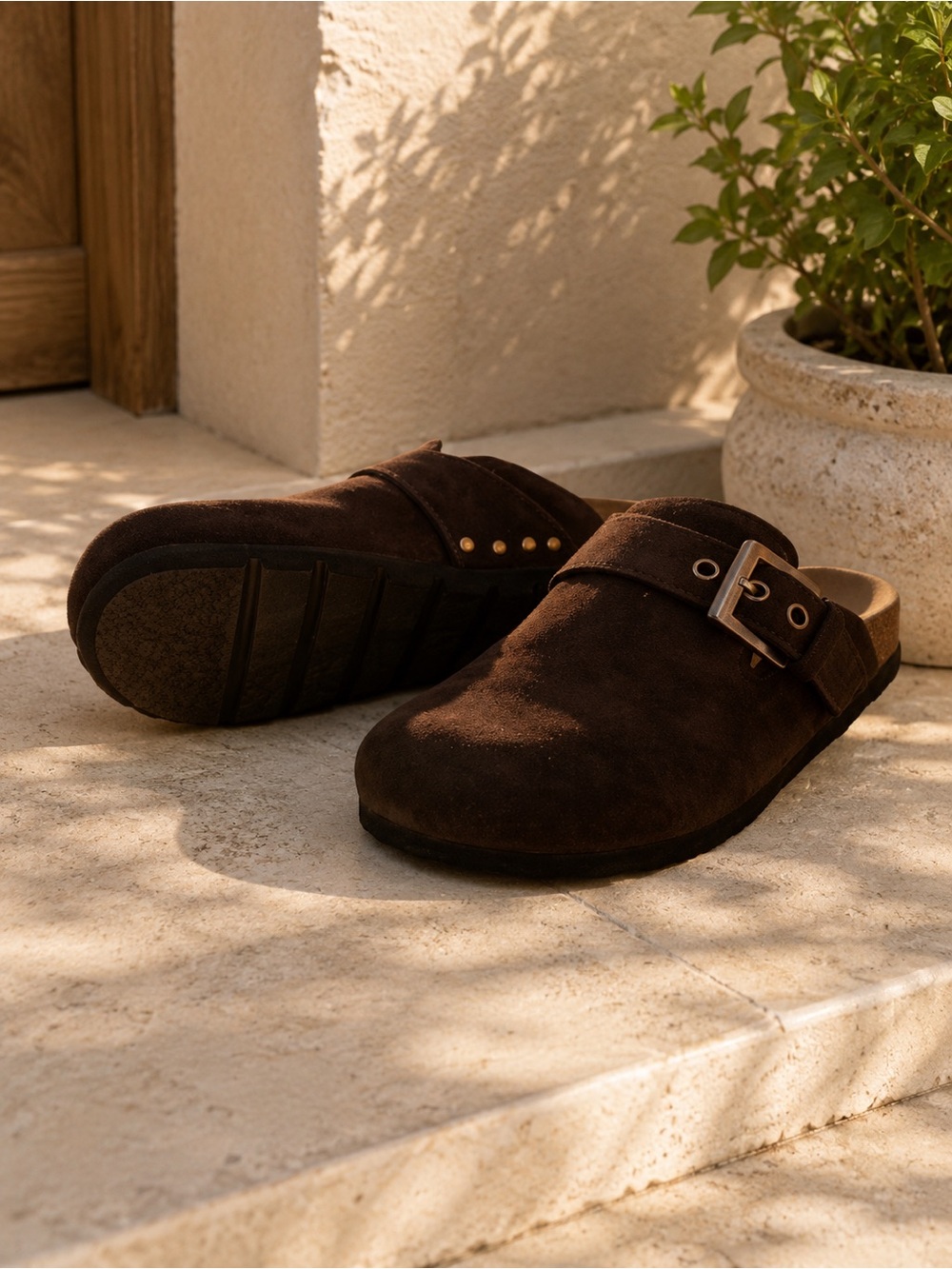 ALOHAS Black Ribbed Slide Sandals with Buckle Strap